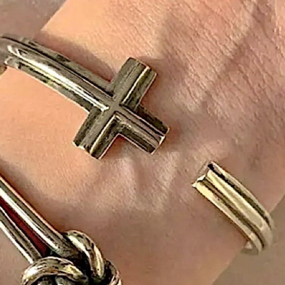 Cross Sterling Silver Bangle Cuff Minimalist Bracelet - Picture 2 of 6